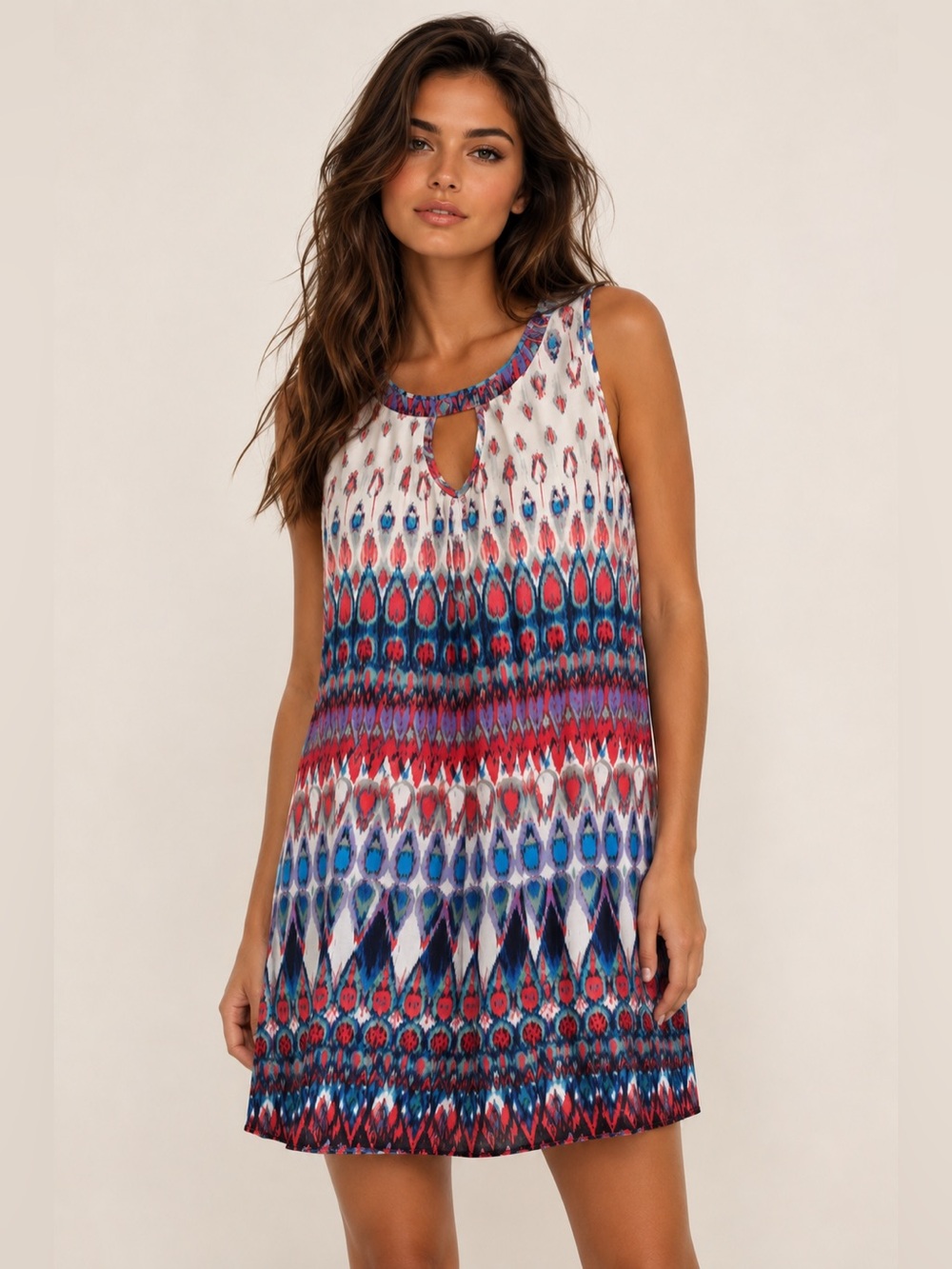 Velzera Boho Ikat Print Swing Mini Dress Colorful Resort S Vaca Quiet Eclectic